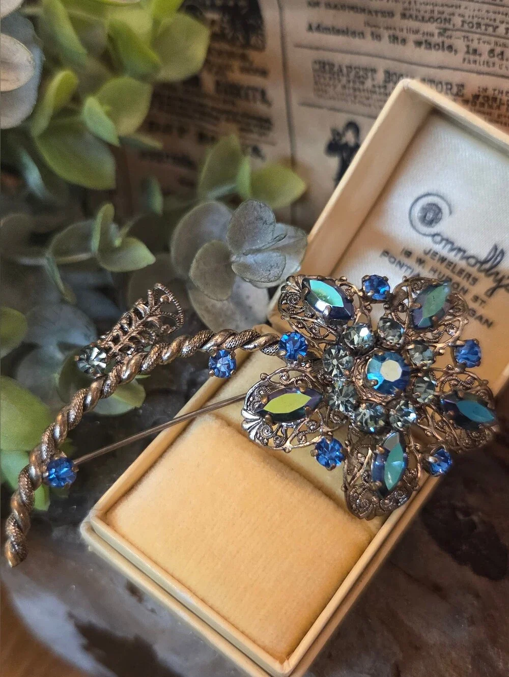 Gorgeous vintage Western Germany Aurora Borealis Blue Floral Brooch